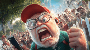 Angry protester in red cap shouting amid crowd—visual metaphor for misinterpretation and rhetorical outrage
